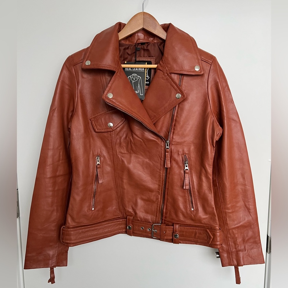 Cognac leather jacket size M NWT
